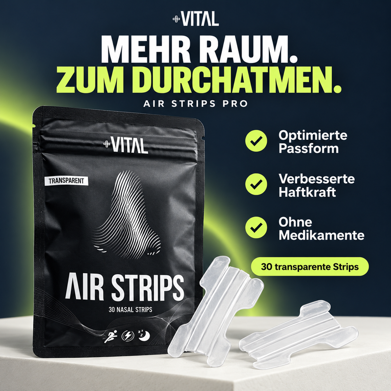 +VITAL Air Strips Pro – schwarze Packung mit 30 transparenten Nasenpflastern, optimierter Passform und verbesserter Haftkraft.
