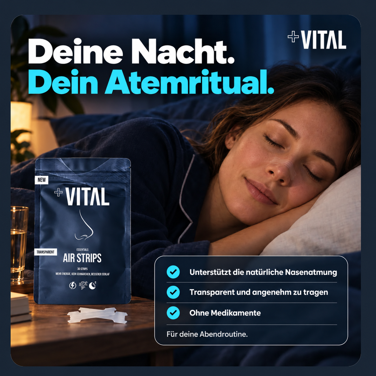 +VITAL AirStrip Breathe bei der Abendroutine – transparentes Nasenpflaster in neonblauer CI